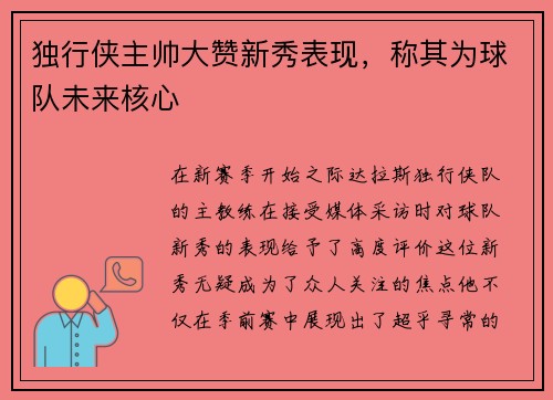 独行侠主帅大赞新秀表现，称其为球队未来核心